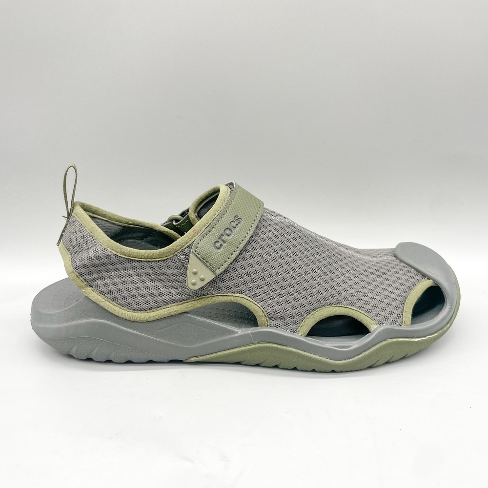 Crocs Mens 12 Swiftwater Mesh Deck Sandals Grey Green Water Shoes Gorpcore